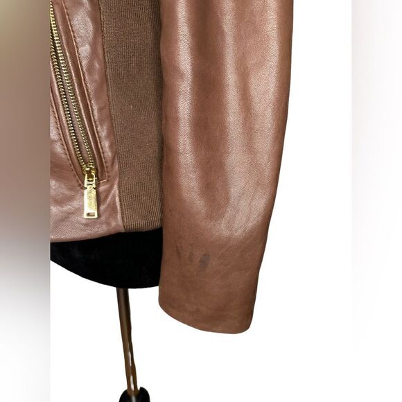 Tahari Lamb Leather Brown Moto Jacket sz M - Picture 5 of 15
